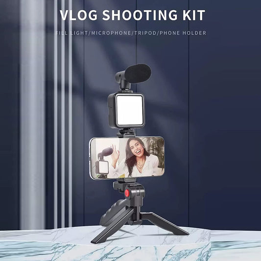 6054 Vlogging Kit For Video Making With Mic Mini Tripod Stand Led Light Phone Holder Clip For Making Videos