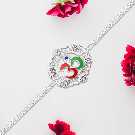 Silver Om Rakhi With Stone Embellishments