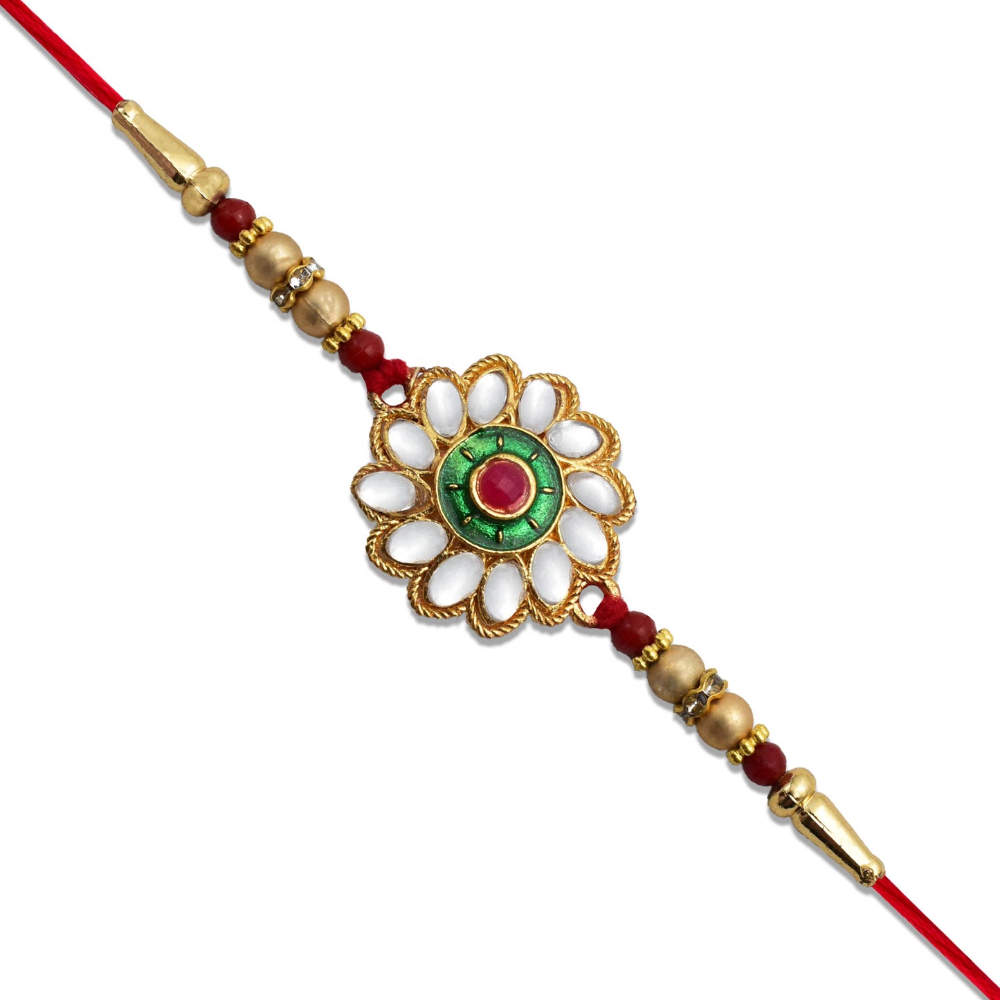 Kundan Floral Rakhi With Green  Red Centerpiece
